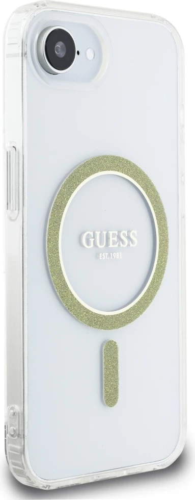 Mbështjellës Guess IML Glitter Circle MagSafe për iPhone 16e, Transparent