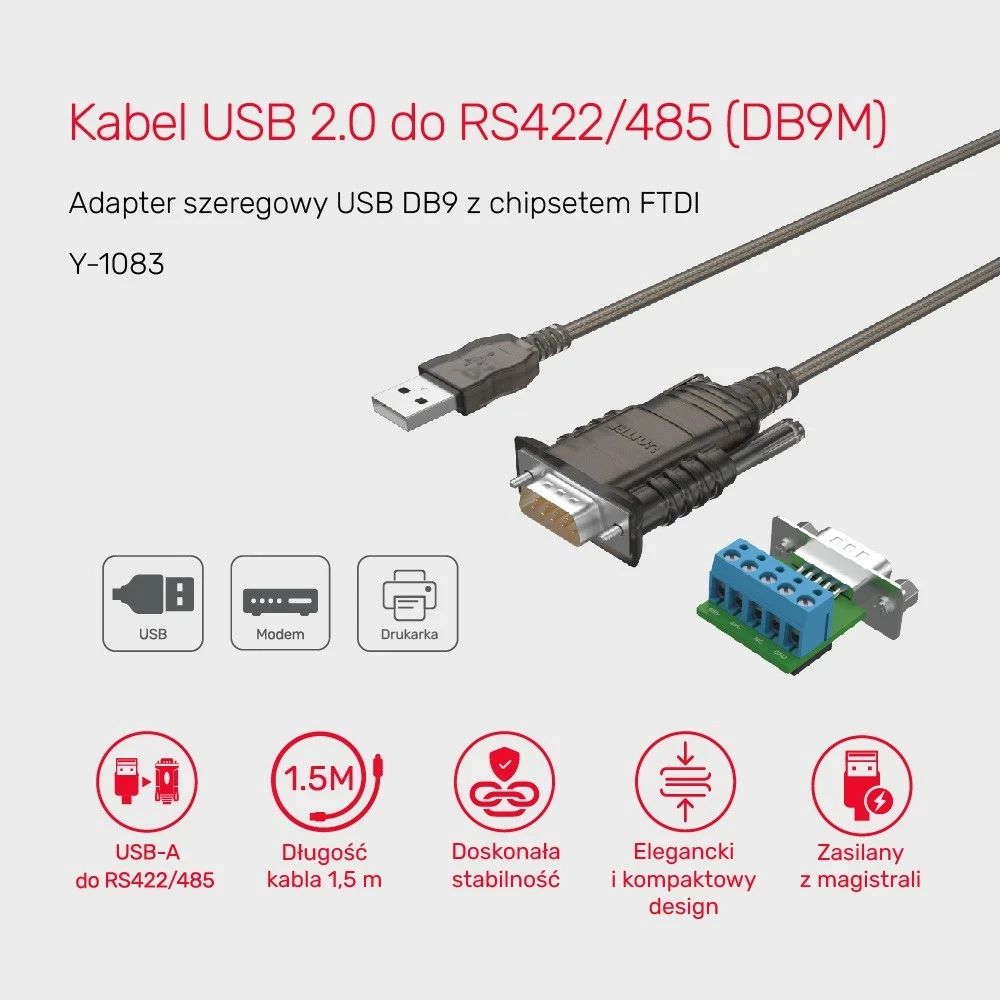 Adapter Unitek USB 2.0 RS422/RS485 FTDI 1.5m