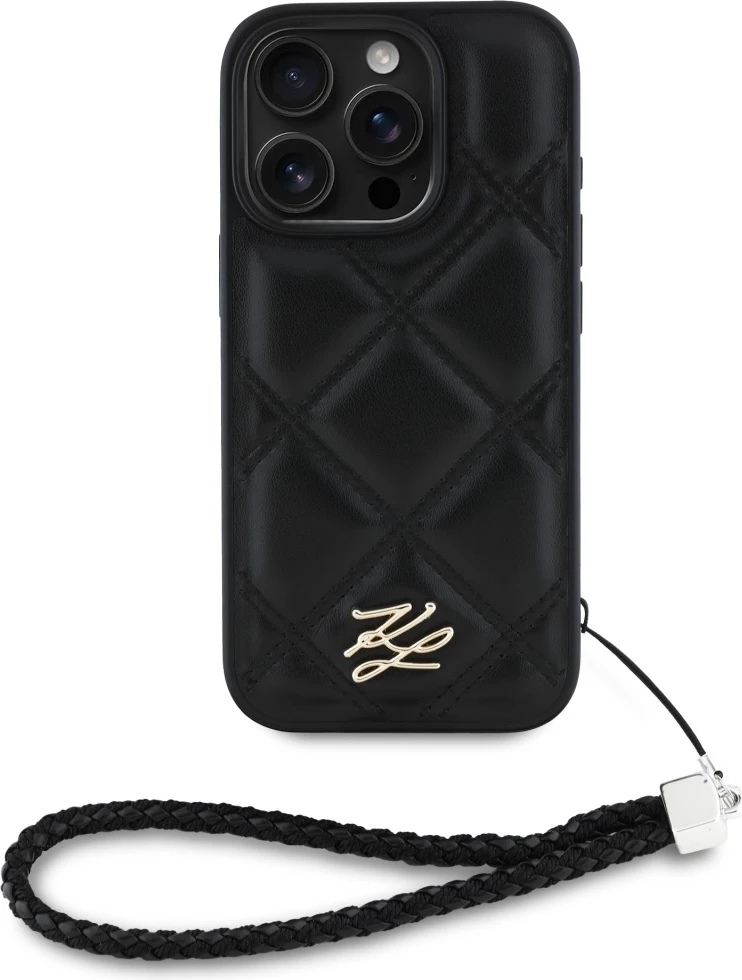 Mbështjellës Karl Lagerfeld Quilted Initial Logo & Chain Strap për iPhone 16 Pro Max, i zi