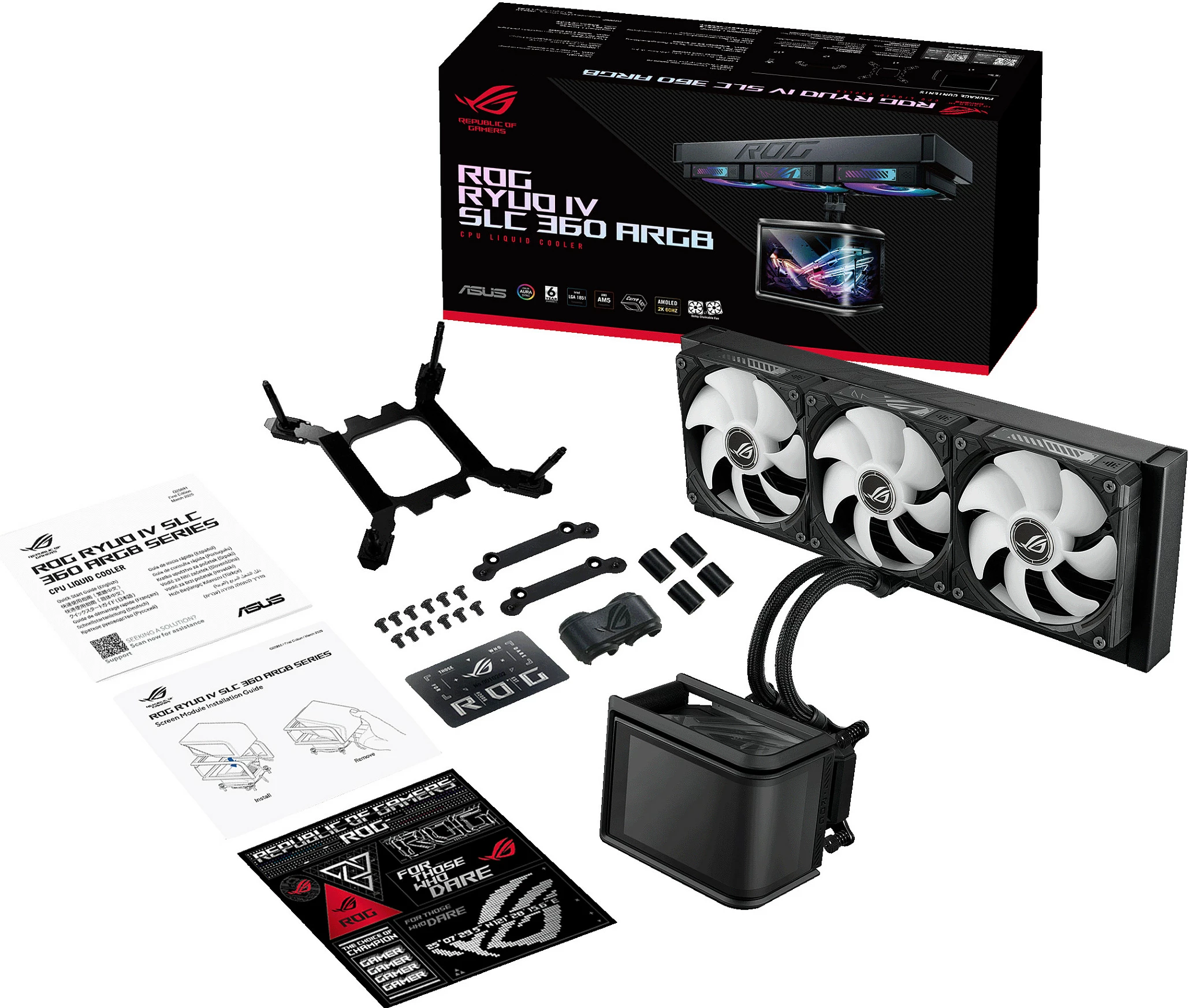 Ftohës uji AIO ASUS ROG RYUO IV SLC 360 ARGB, 3x120mm, AMOLED display, Intel/AMD, i zi