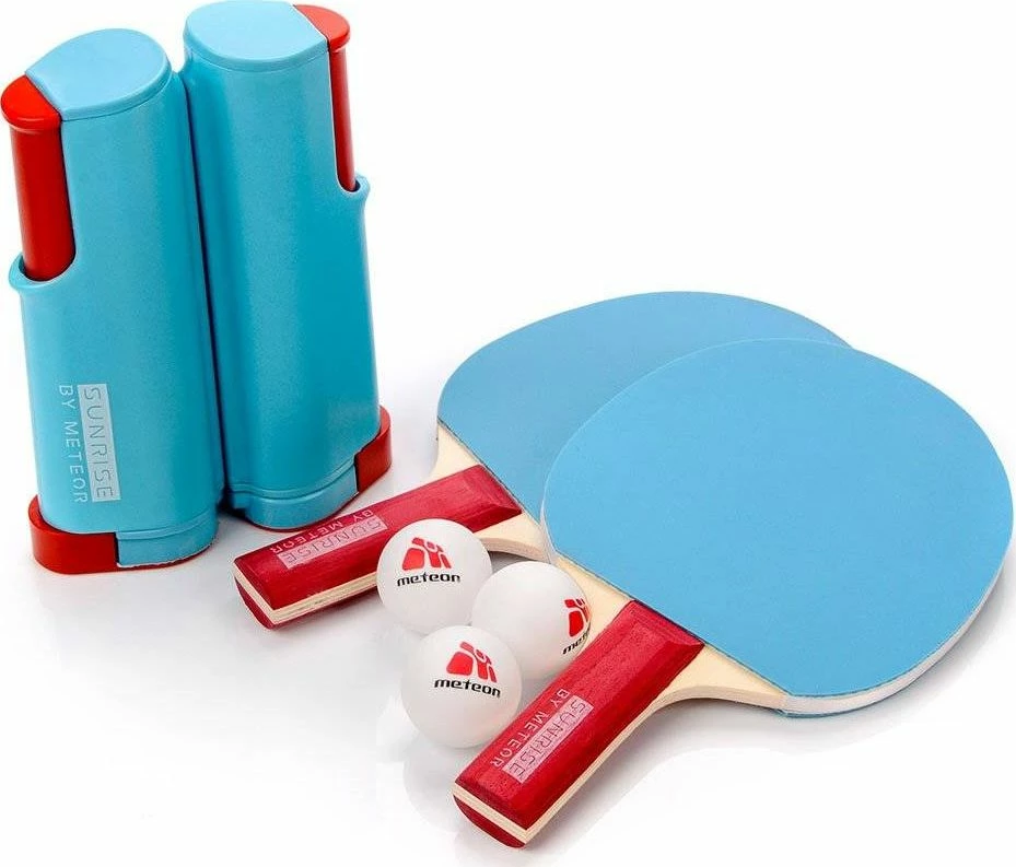 Set pingpongu Meteor Sunrise Rollnet, 2 reketë + 3 topa + rrjetë, blu