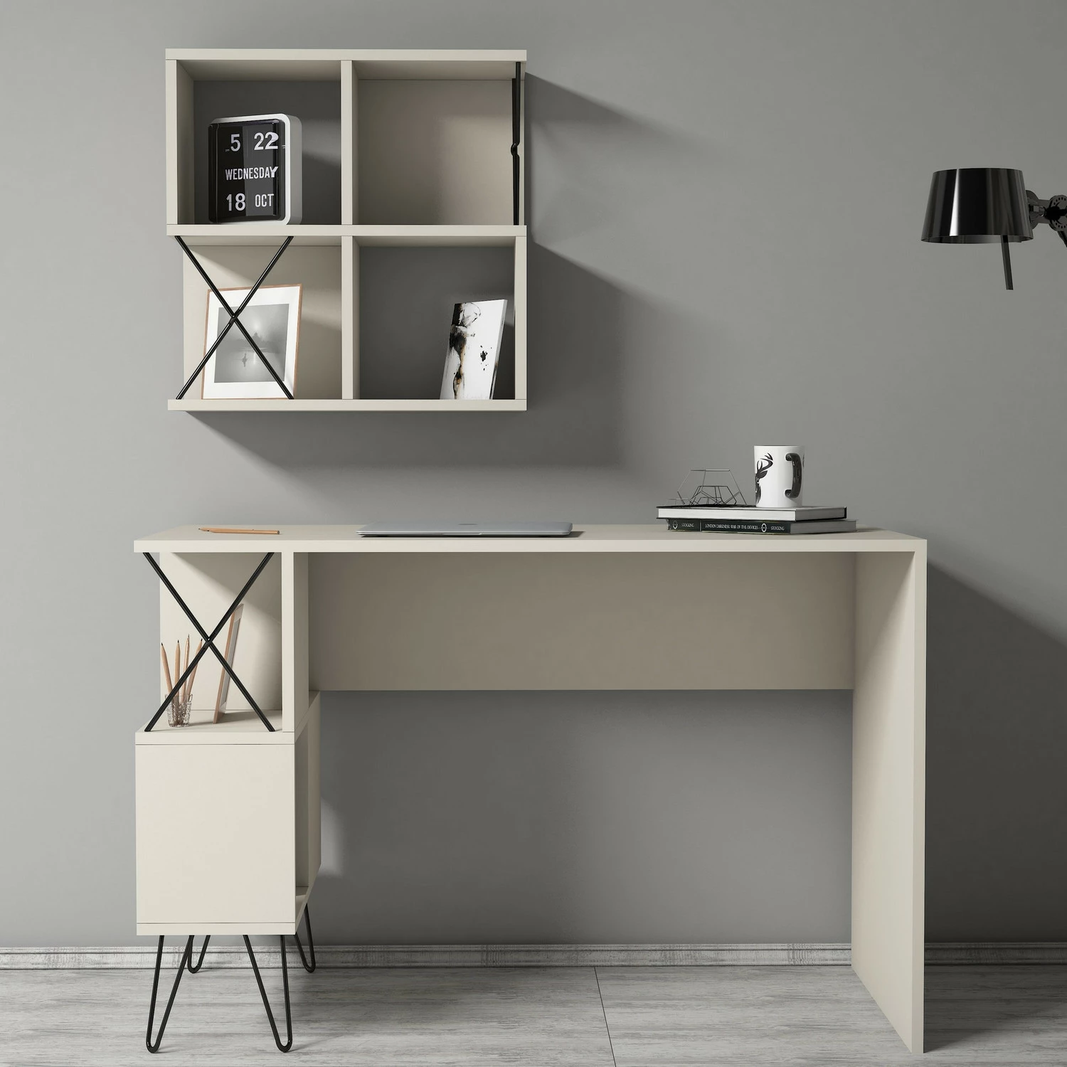 Set tavoline studimi me rafte, ngjyrë krem dhe e zezë, Skye Decor, Extra 2