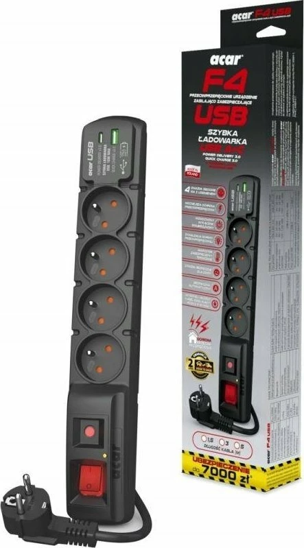 Zgjatues rryme me mbrojtje nga tensionet Acar F4, 4 priza, 1.5 m, USB-A + USB-C 18W, i zi