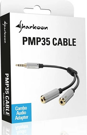 Adapter kabllo Sharkoon 2x 3.5mm (mikrofon + kufje) në 1x 3.5mm 4-pin, 12cm, zi/argjend