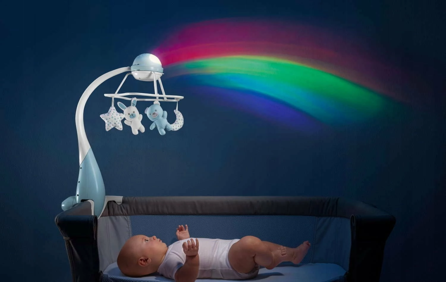 Karusel muzikor Chicco First Dreams Rainbow 3-in-1 CHICZ-0934, kaltër, set me lodra pelushi