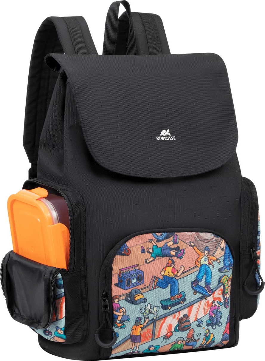 çantë shpine shkollore RIVACASE 5425 Agora 15L waterproof, print “Skaters”, e zezë