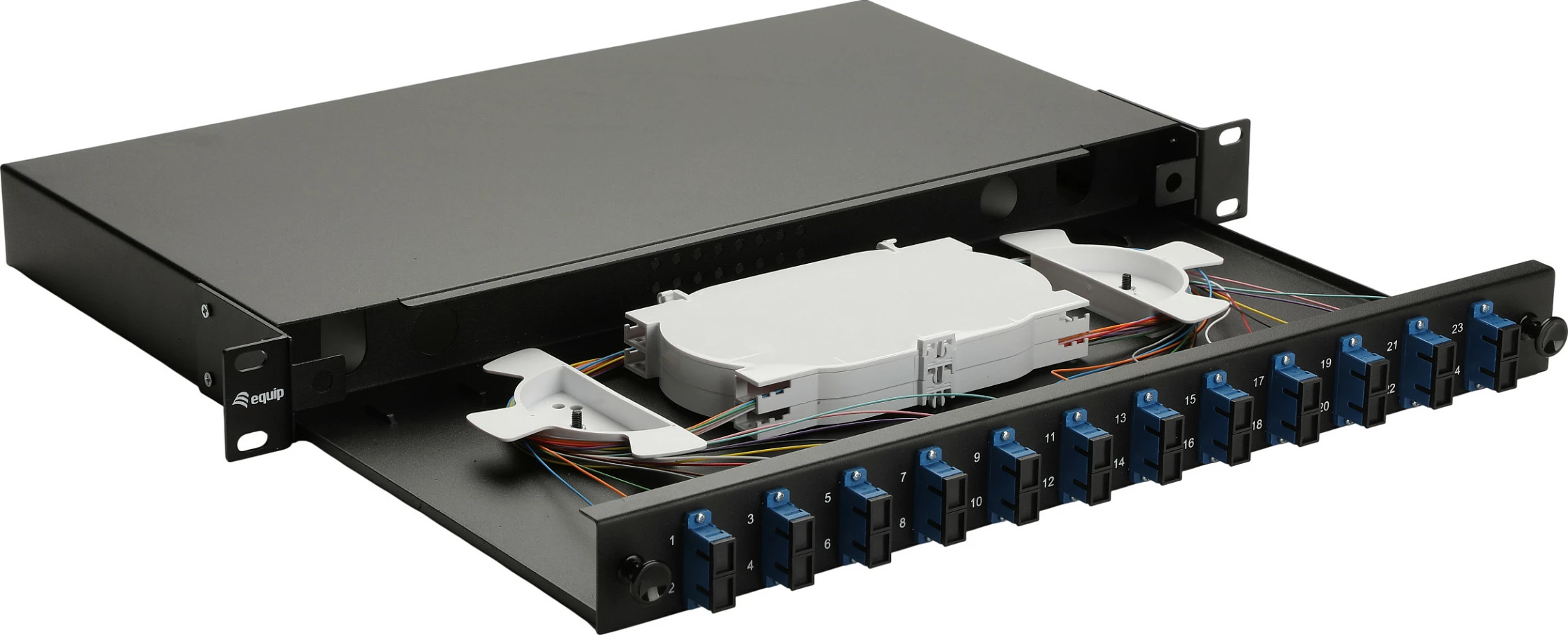 Panel splice fibër optike EQUIP 337300, 12-Port SC Duplex, OS2, 1U, e zezë