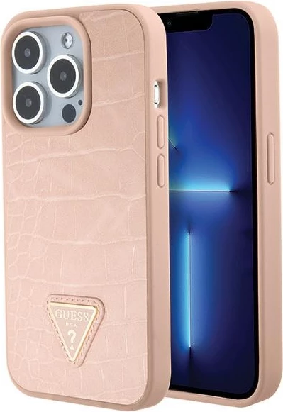 Mbështjellës Guess Croco Triangle Metal Logo për iPhone 15 Pro, rozë