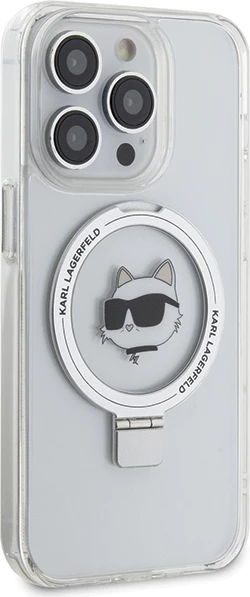 Mbështjellës Karl Lagerfeld KLHMP15XHMRSCHH për iPhone 15 Pro Max 6.7", Ring Stand Choupette Head, MagSafe, Bardhë
