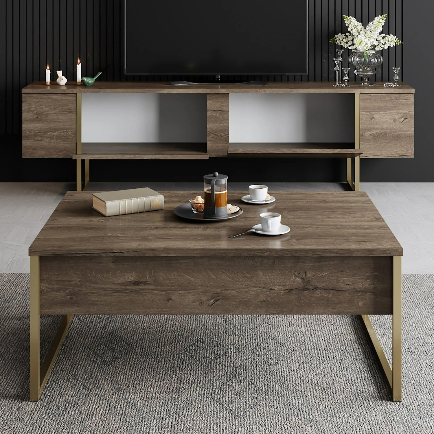 Set mobiljesh për dhomë dite, ngjyrë arre dhe ari, Luxe