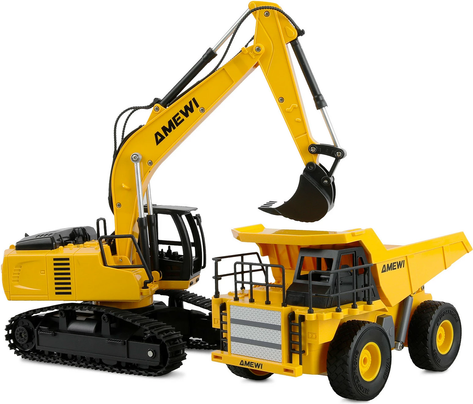 Eskavator RC AMEWI 22710, shkallë 1:24, 2.4GHz, 9 kanale, Li-Ion 500mAh, i verdhë/zi