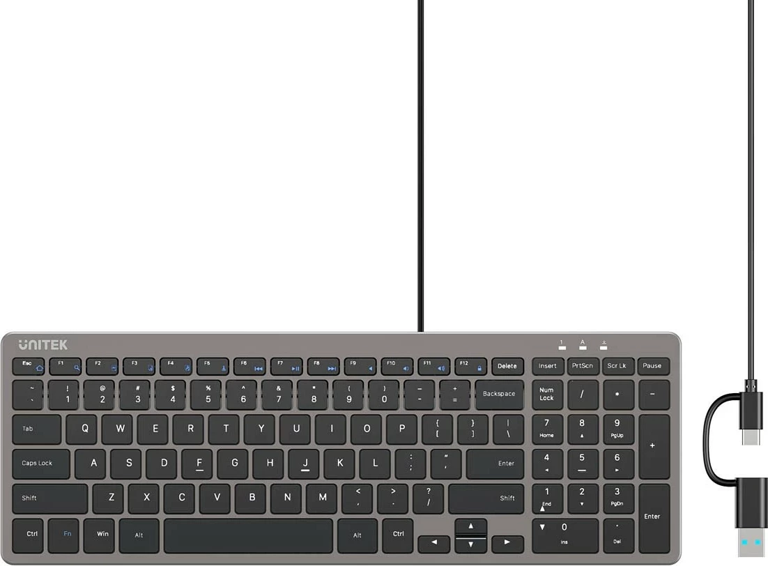 Klaviaturë Unitek SlimTap, me kabllo USB-C/USB-A, 96% (99 taste), gri