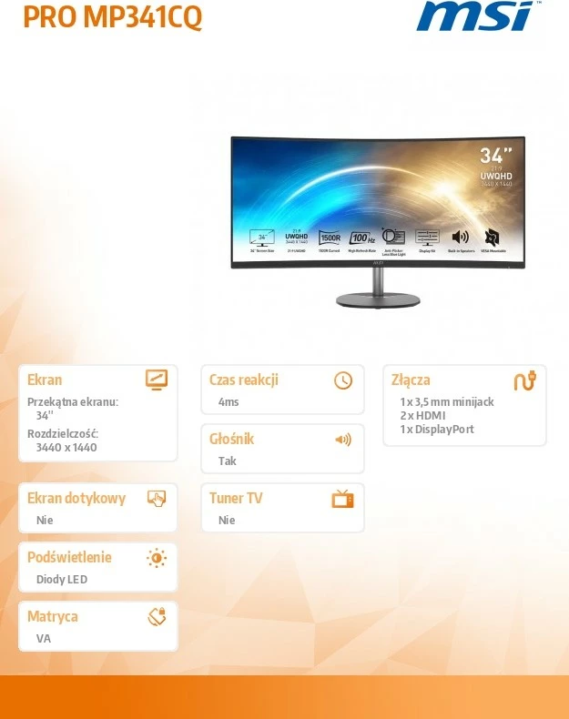 Monitor MSI PRO MP341CQ 34 inç, VA, UWQHD 3440x1440, 100Hz, 1500R i lakuar, altoparlantë të integruar, VESA 100x100, e zezë