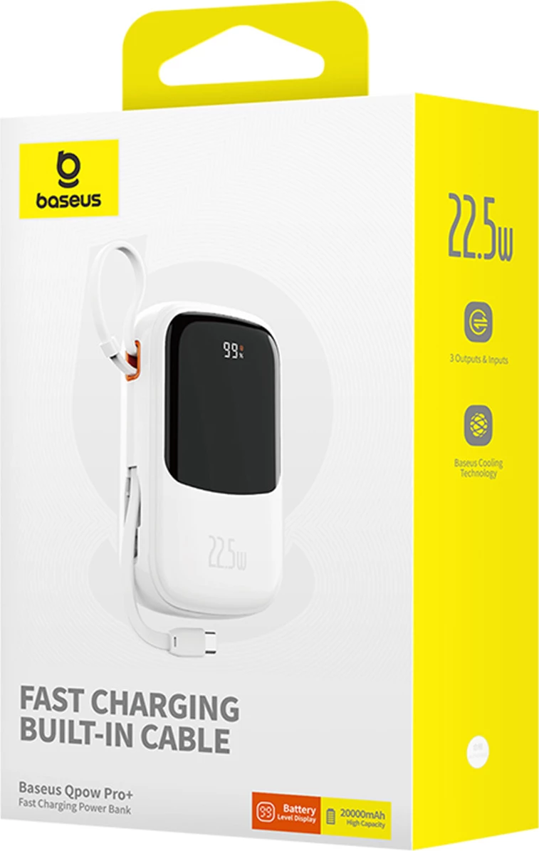 Powerbank Baseus QPow Pro+ 20000mAh me display, 22.5W, kabllo USB-C e integruar, Bardhë