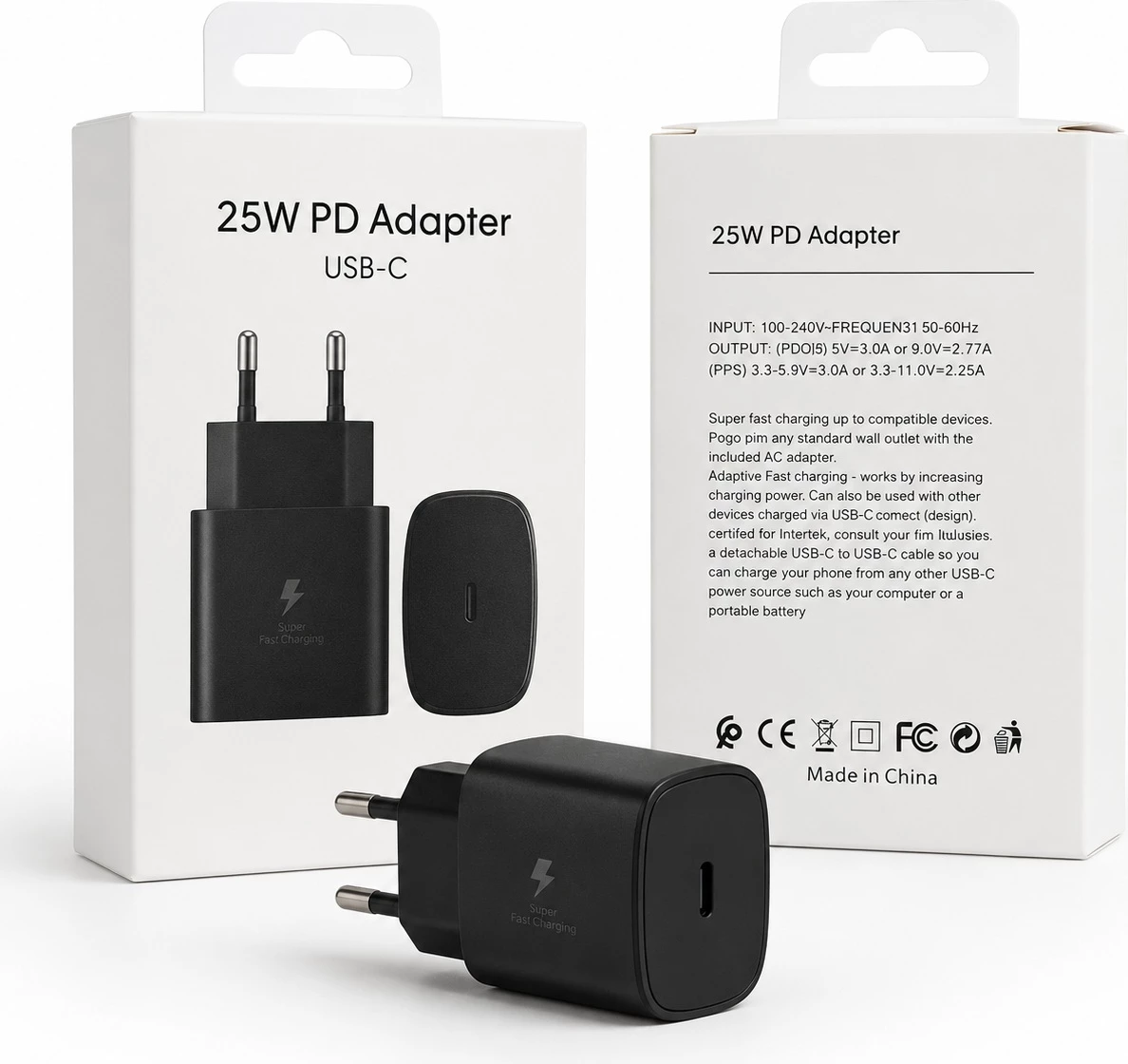 Adapter Karikimi 25W PD USB-C (Super Fast Charging), me karikim të shpejtë, për shtëpi, zyrë dhe udhëtime, ngjyrë e zezë
