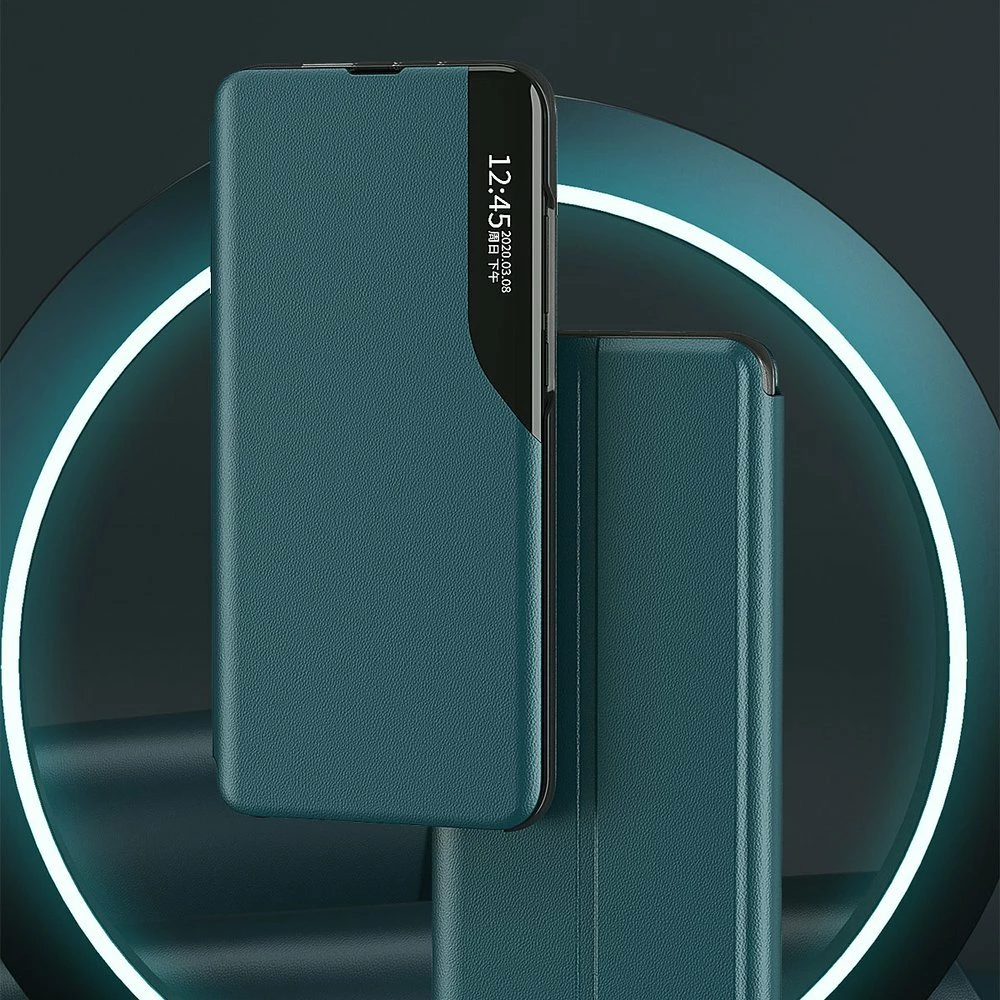 Mbështjellës Hurtel Eco Leather View Case për Samsung Galaxy A72 4G, me kapak dhe mbajtës, e gjelbër