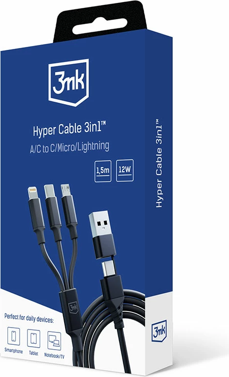 Kabllo 3in1 3mk Hyper Cable, 1.5m, USB-A në USB-C/Micro USB/Lightning, e zezë