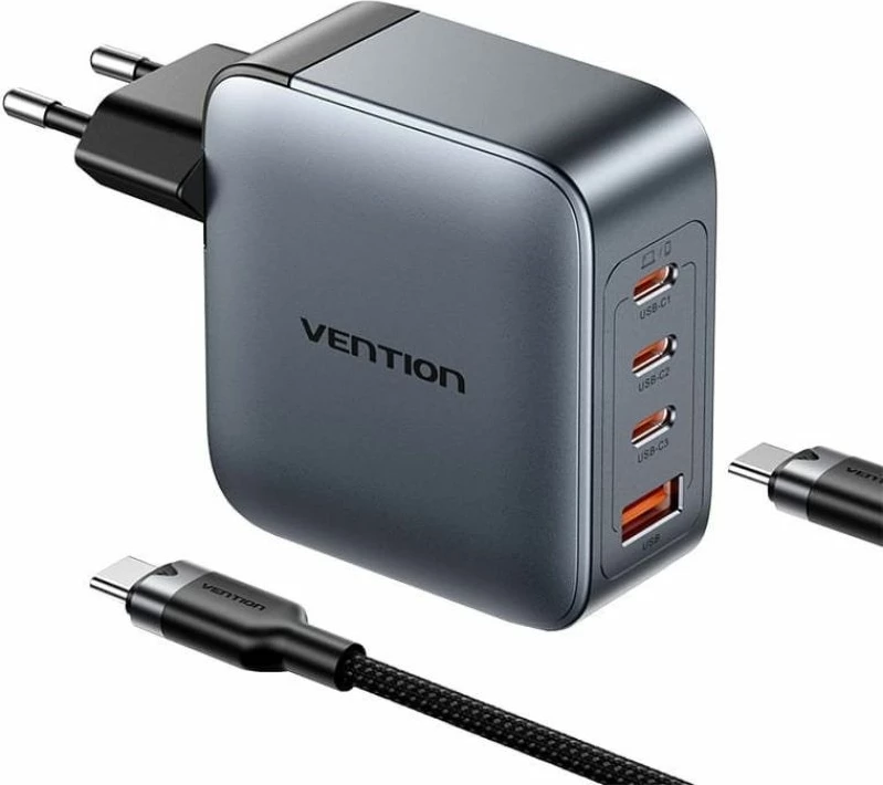 Karikues GaN 100W Vention me 1x USB-A 3x USB-C + kabllo USB-C në USB-C 1m