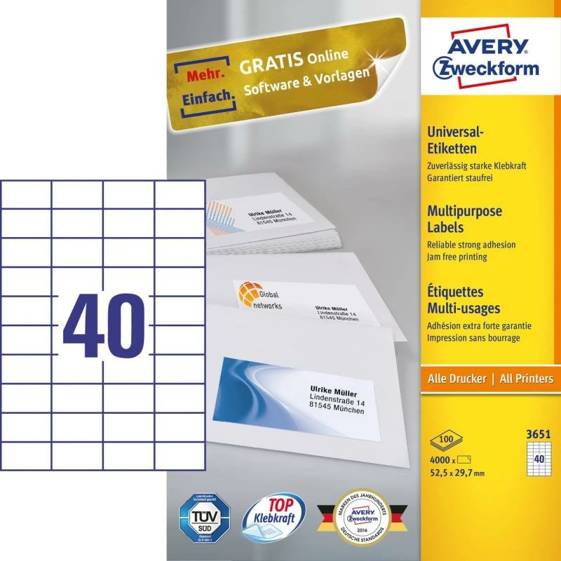 Etiketa vetëngjitëse, Avery Zweckform, 3651, 52.5 x 29.7 mm, A4, paketë 100 fletë, bardhë