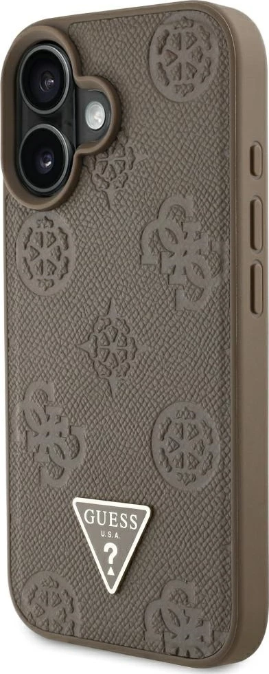 Mbështjellës Guess Grained Hot Stamp Peony Triangle Logo MagSafe për iPhone 16, Kafe
