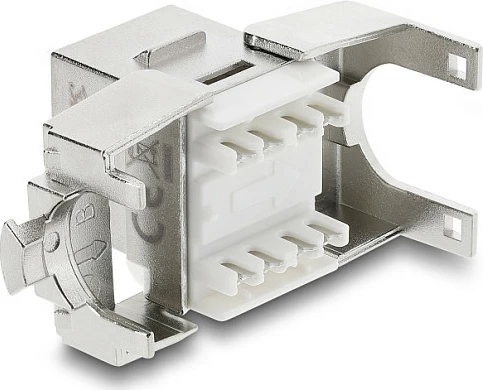 Modul Keystone DeLOCK RJ45 në LSA, Cat6A, i mbrojtur, pa vegla, me kapak pluhuri, Argjend/Bardhë