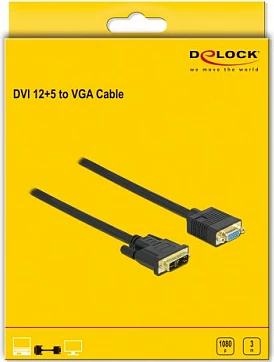 Kabllo adapter DVI (12+5) mashkull në VGA (D-Sub) femër DeLOCK, 3 m, e zezë