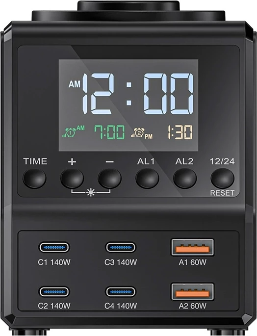 Orë alarmi me karikues 10‑në‑1, BlitzWolf BW-FW10, 4x USB-C + 2x USB-A, 2 karikim pa tela (telefon 15W + smartwatch 5W), PD 3.1 deri 240W, e zezë