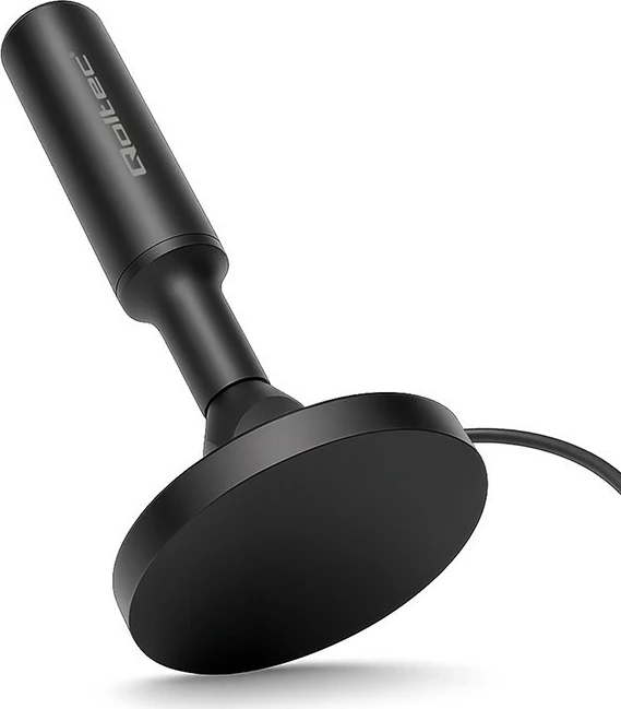 Antenë TV DVB-T2 e brendshme, Qoltec 57052, përforcues sinjali, fitim 28 dBi, VHF/UHF, 4K, kabllo 5 m, F-Male/USB, e zezë