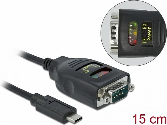 Adapter DeLOCK USB-C në Serial RS-232 DB9, 0.15 m, 15 kV ESD, i zi