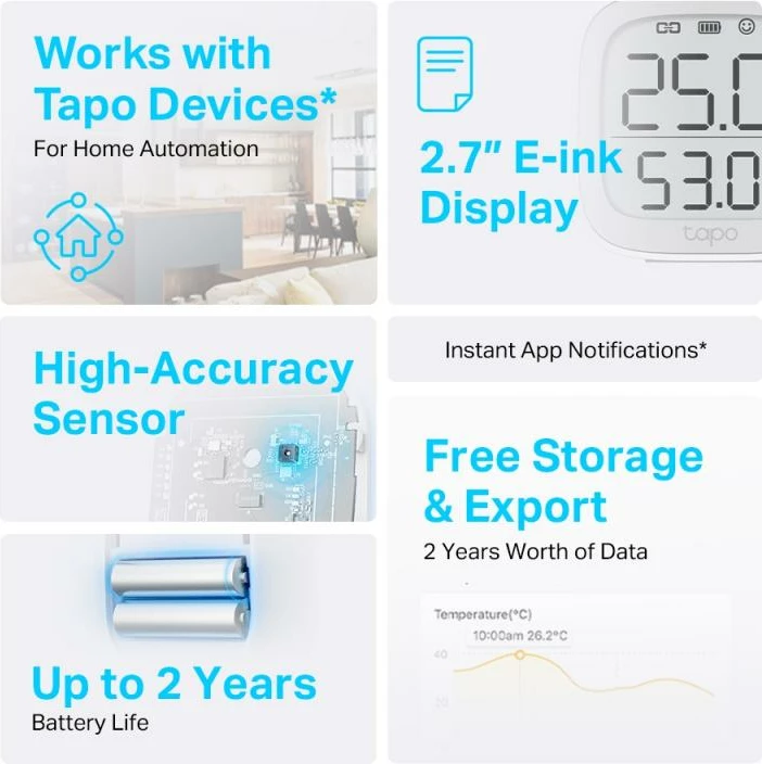 Monitor i mençur temperaturë dhe lagështie, TP-Link Tapo T315, ekran 2.7" E-Ink, saktësi ±0.3°C/±3%RH, 2x AAA, e bardhë 7