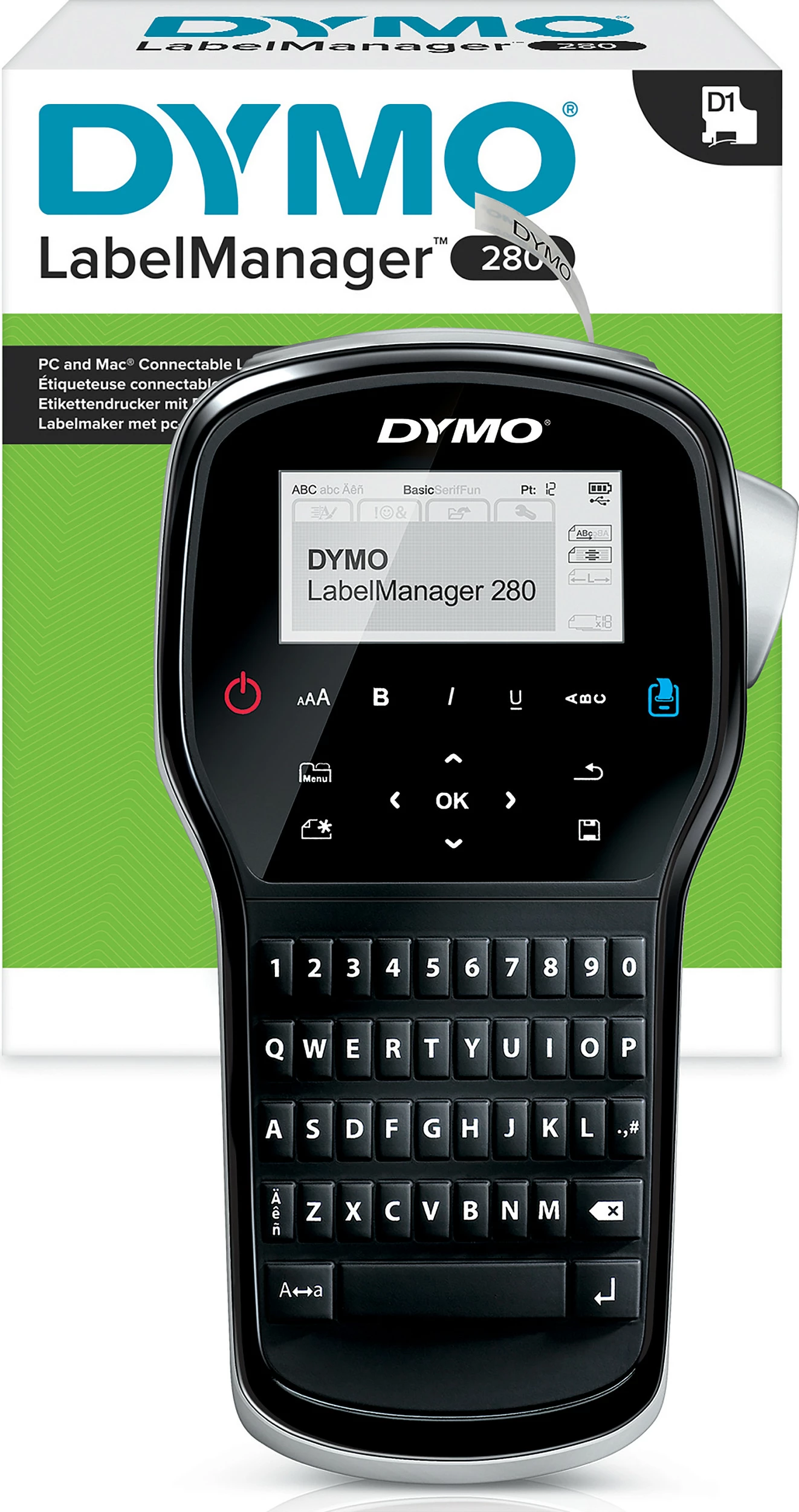Printer etiketash Dymo LabelManager 280, QWERTZ, D1 12mm, USB, i rikarikueshëm, zi/argjend