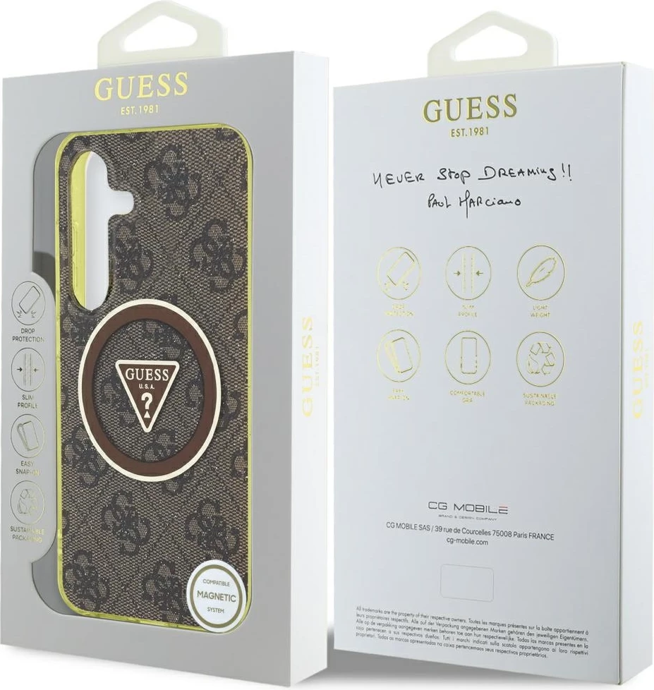 Mbështjellës Guess 4G Glitter Triangle Buttons MagSafe për Samsung Galaxy S25, Kafe