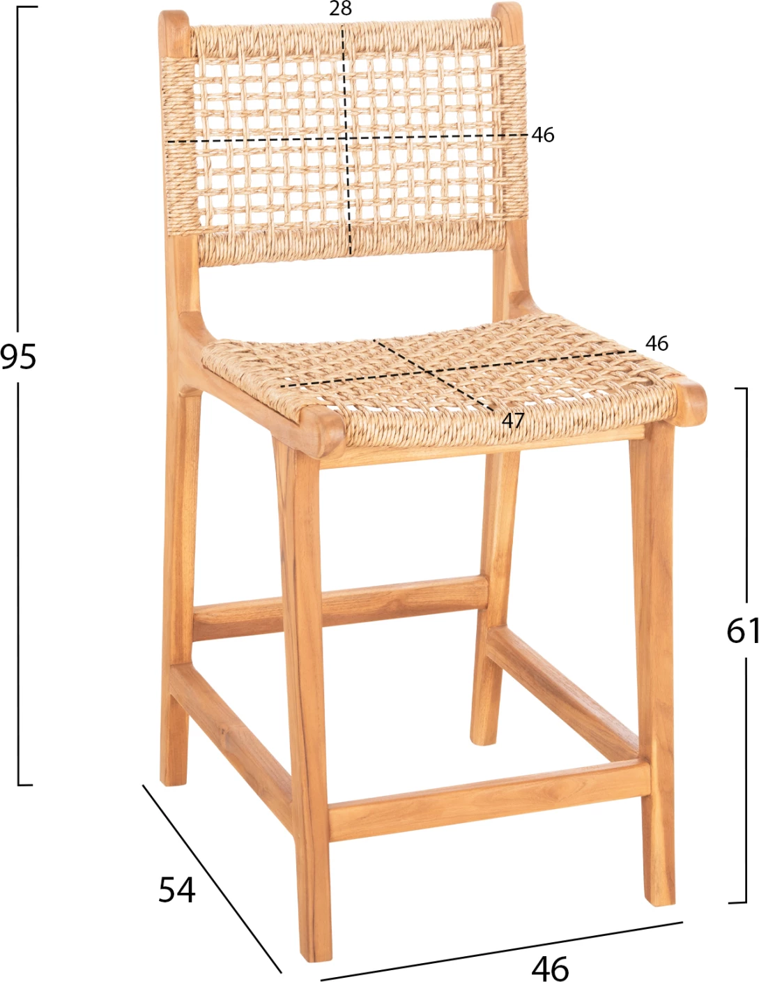 Karrige për bar me mbështetëse BORIS FH9381.11 dru tik & litar VIRO 46x53x96 cm