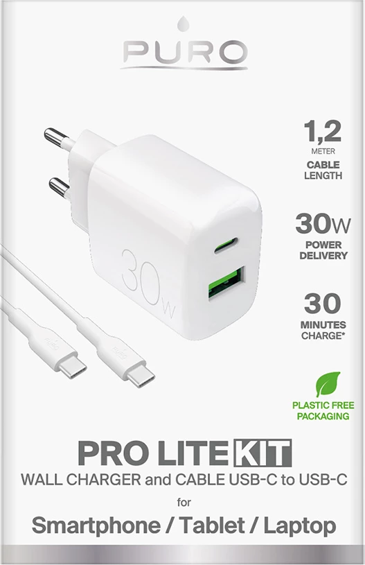 Karikues muri Puro PROLITE 30W me USB-A/USB-C + kabllo USB-C në USB-C 1.2m, Bardhë