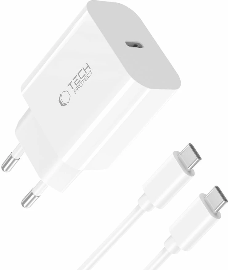 Karikues muri Tech-Protect NC20W me USB-C, 20W, me kabllo USB-C, Bardhë