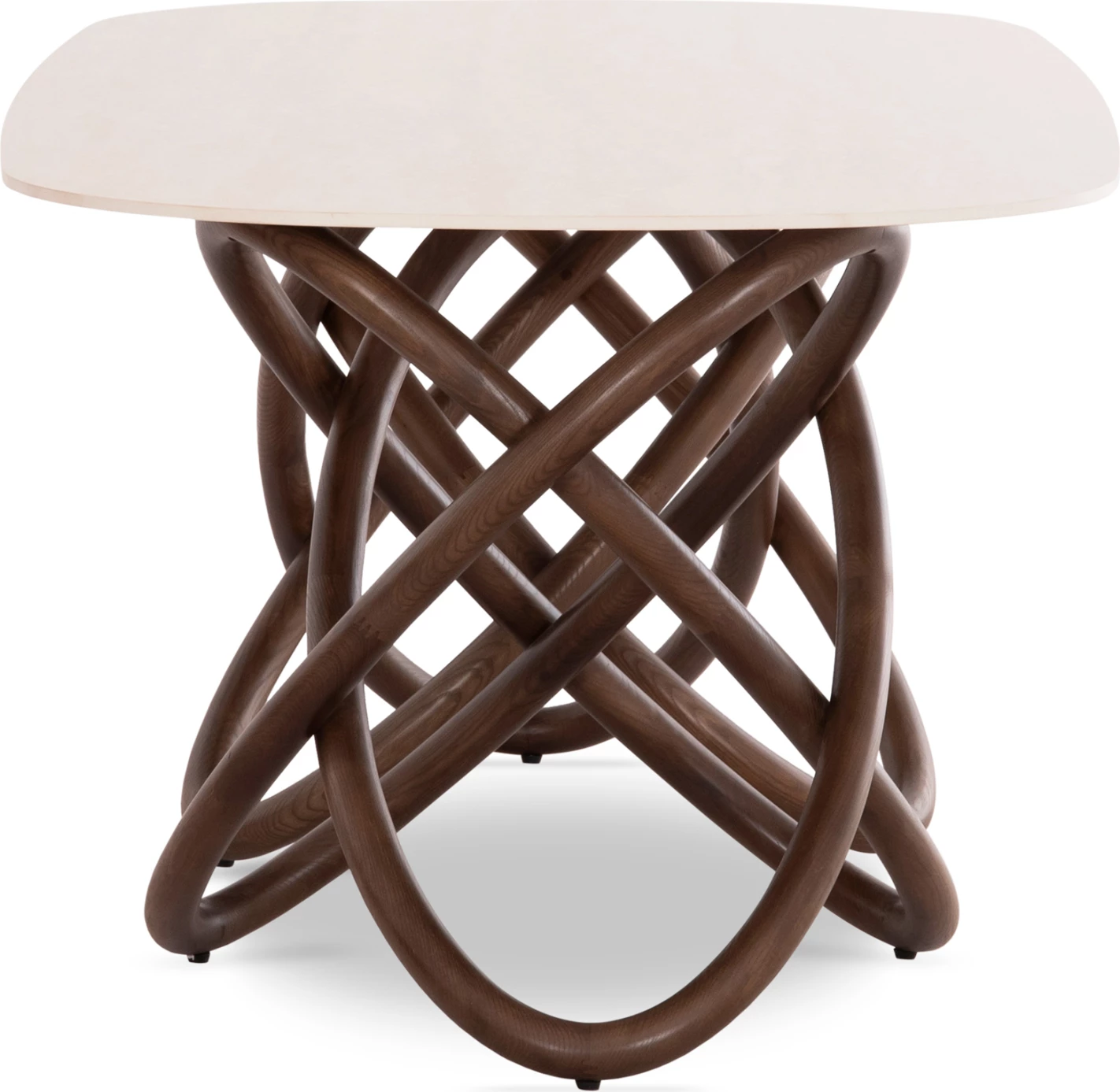 Tavolinë ngrënieje Orbiter, sipërfaqe qeramike krem travertin, këmbë dru frashëri ngjyrë arre