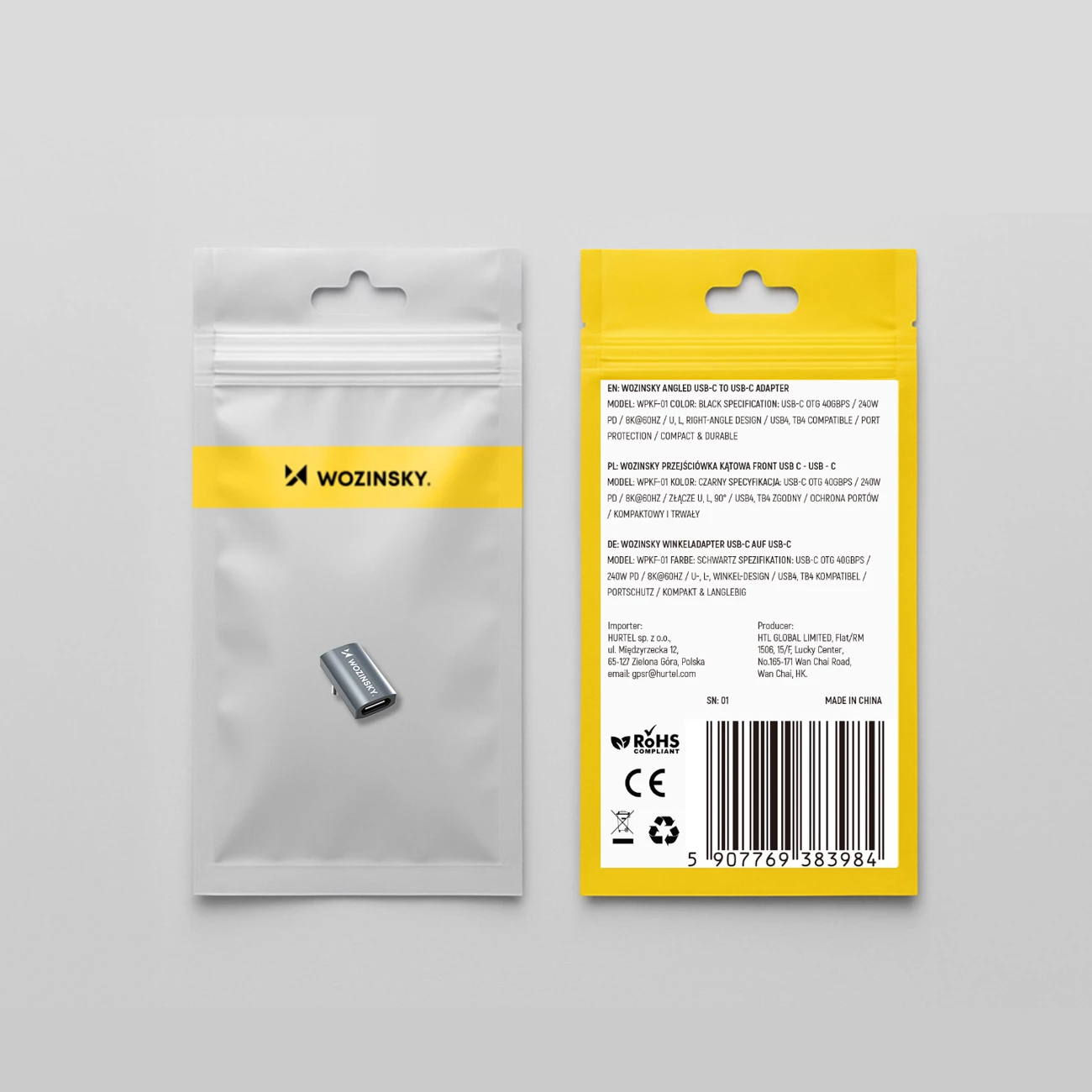 Adapter i kënduar USB-C në USB-C, Wozinsky WPKF-01, Thunderbolt 4 40Gb/s, PD 240W, 8K 60Hz, OTG, gri
