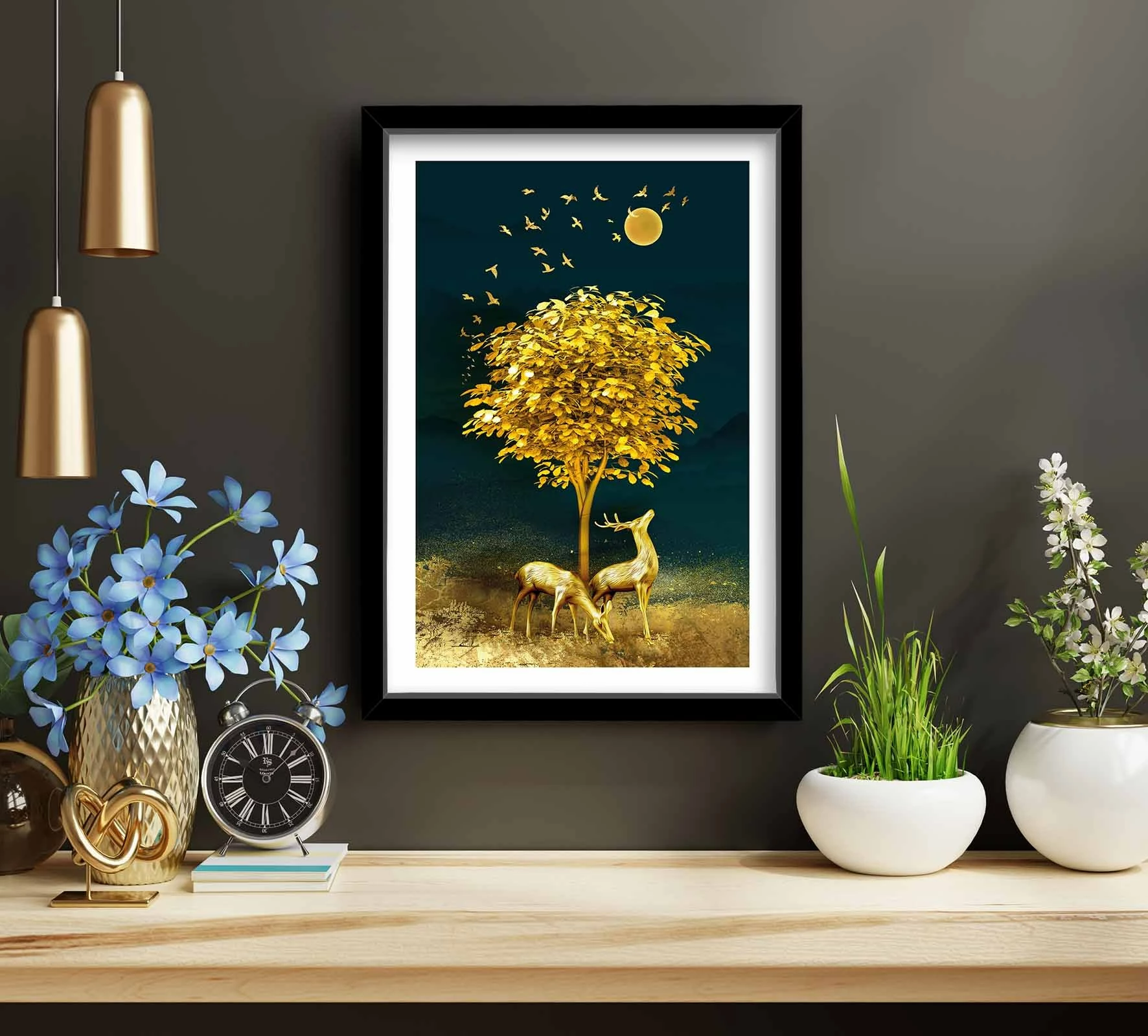 Pikturë dekorative me kornizë, MDF, 38x53cm, ngjyrë mustard, blu deti, mink, 3853NISCT-009