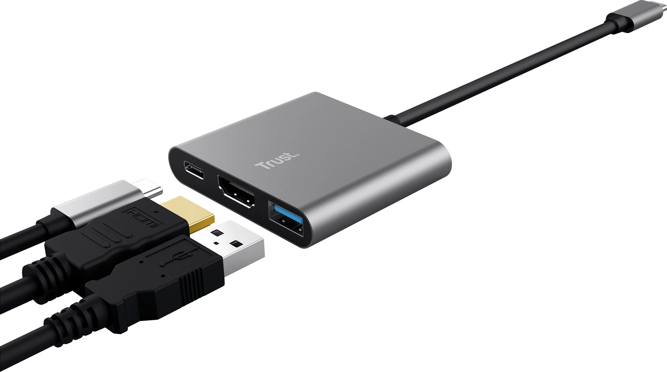 Adapter/Hub USB-C Trust Dalyx 3-në-1, HDMI, USB-A, USB-C PD 100W, alumin/zi