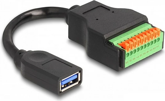 Adapter kabllo DeLOCK USB 3.2 Gen 1, USB-A femër në terminal block 10-pin, 15 cm, 5 Gbit/s, zi/jeshile