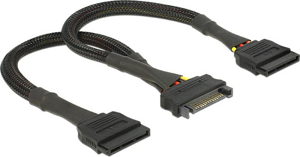 Kabllo furnizimi SATA DeLOCK 60135, Y-splitter 1x SATA 15-pin në 2x SATA 15-pin, 0.25 m, e zezë