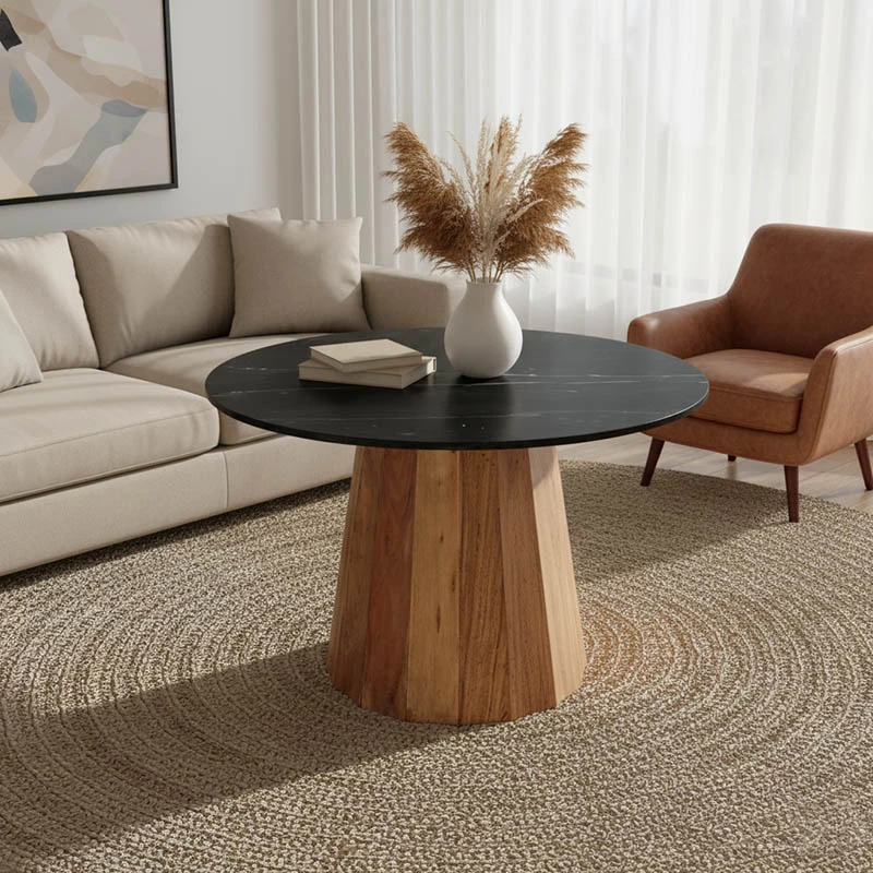 Tavolinë rrumbullake, mermer i zi, dru akacie natyral, D120x76cm