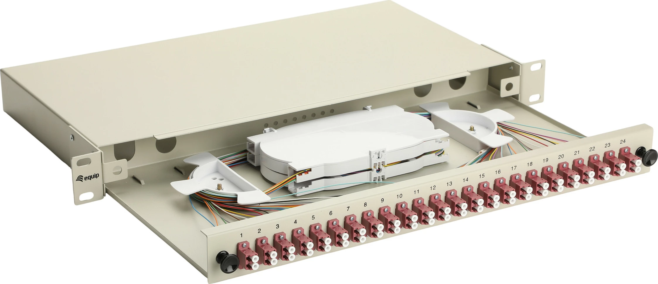 Kuti splice fibër optike Equip 337215, 24-portë, LC duplex, OM4, 1U rack, gri