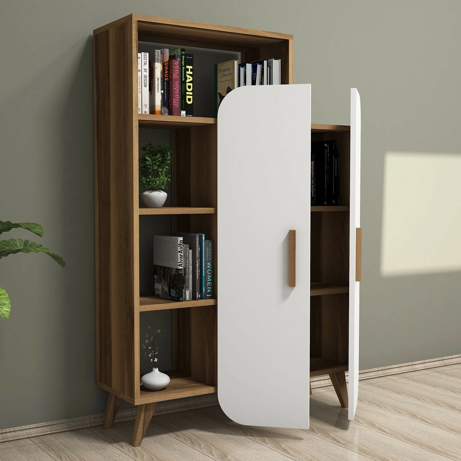 Raft librash Hanah Home, formë moderne, ngjyrë arrë dhe e bardhë