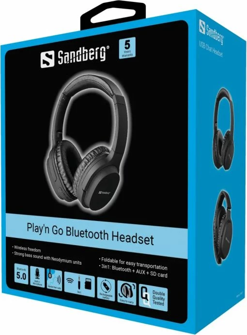 Kufje SANDBERG Play'n Go Wireless Headset 126-37, Bluetooth 5.0, over-ear, me mikrofon, AUX 3.5mm, TF/MicroSD, të zeza