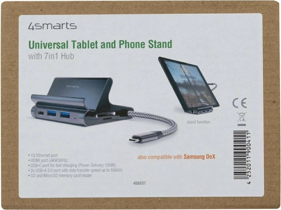 Mbajtës tavoline me hub 7-në-1, 4smarts 4SM000038, 2x USB-C, 2x USB-A, HDMI, SD, microSD, RJ45, DeX, gri