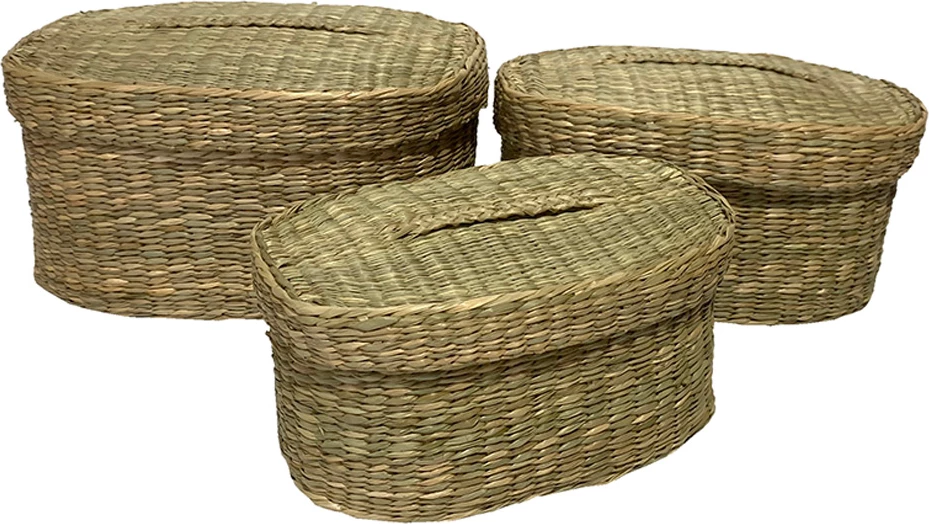 Kuti ovale për ruajtje, 3 copë, kashtë deti, natyrale, 30x20x15cm