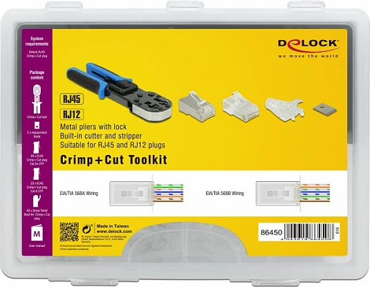 Set veglash DeLOCK 86450, krimpan/prerës RJ45/RJ12, 40 konektorë + 40 këpucë kabllo, zi/kaltër