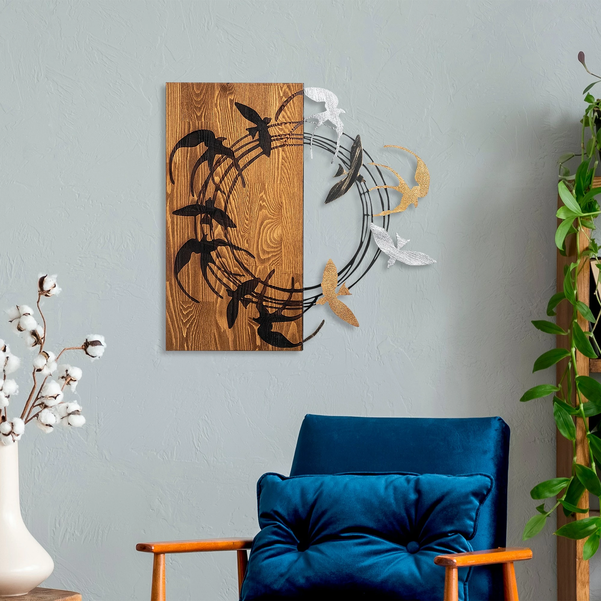 Aksesor dekorativ muri prej druri, Spiral Birds 2, ngjyrë arre dhe e zezë, Wallity, 58x58cm