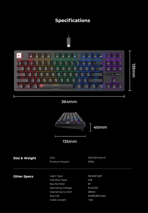 Tastierë mekanike gaming HAVIT Gamenote HV-KB892L, 87 taste, USB-C, UK layout, e zezë